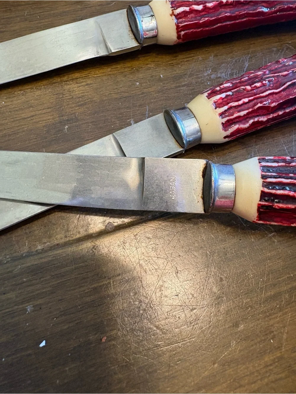 Vintage Steak Knives Japan Faux Antlers Horn Grooved Oxblood Red Stag MCM Retro